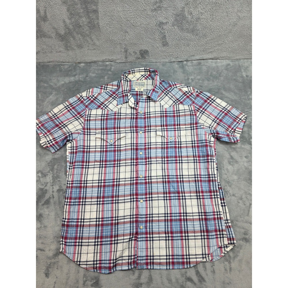 Lucky Brand Mens XL Western Pearl Snap Shirt Short Sleeve Plaid Blue Red 7MP4020